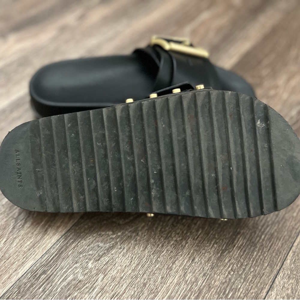 All Saints Black Leather Slide Sandals with Gold Buckle - Picture 3 of 4